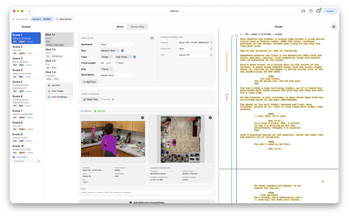 CinePlanner on Mac: scenes, shot list and script