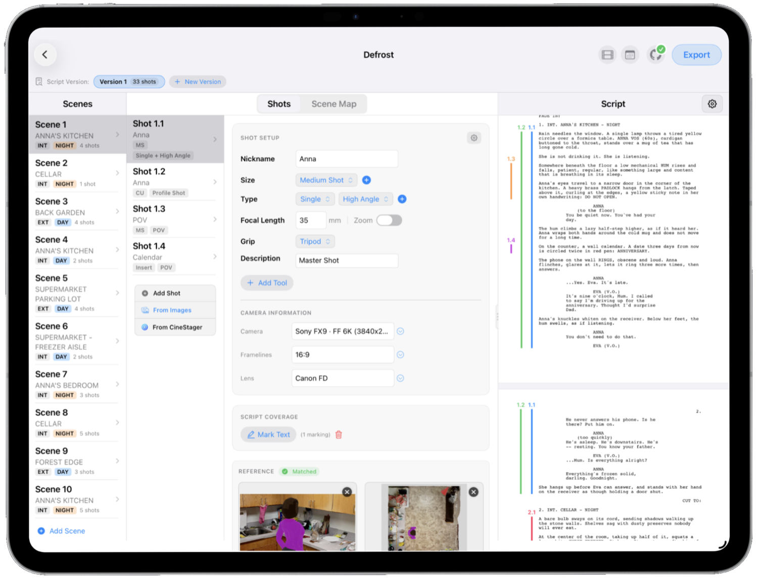 CinePlanner on iPad: scenes, shot setup, camera info, script coverage and script