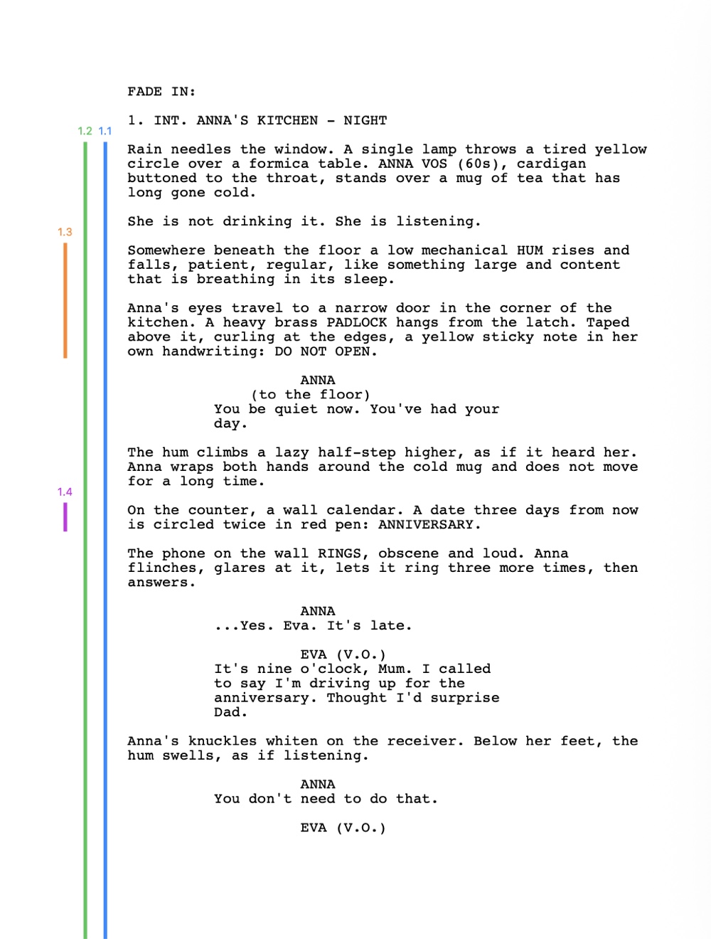 A script page with numbered, color-coded coverage lines in the margin