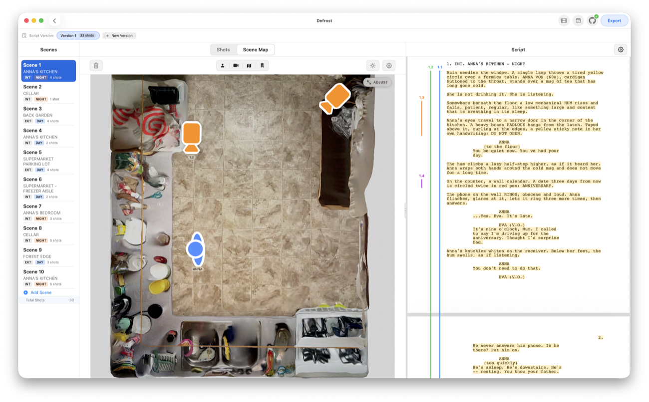 Overhead scene map with camera and actor markers over a satellite location