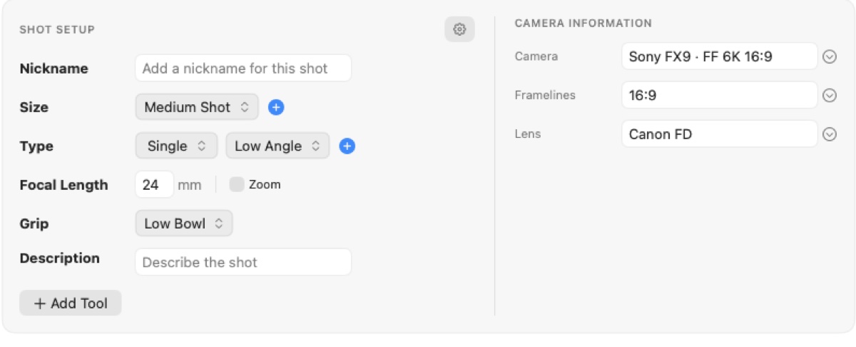 Shot setup: size, type, focal length, grip and camera information